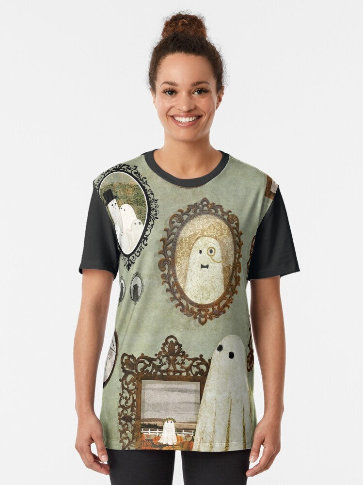 Vintage-style graphic t-shirt with a ghostly figure in a portrait gallery - Women