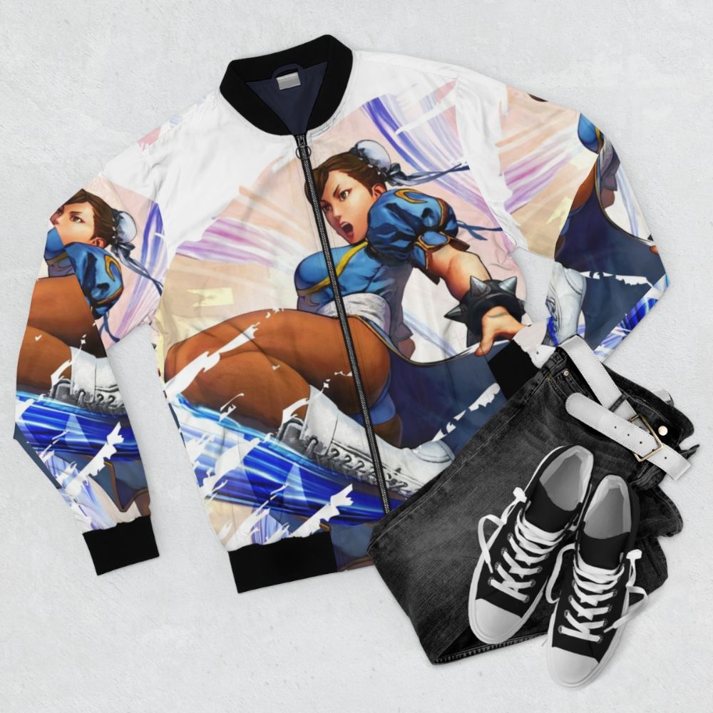 Chun Li Videogame Character Bomber Jacket - Flat lay