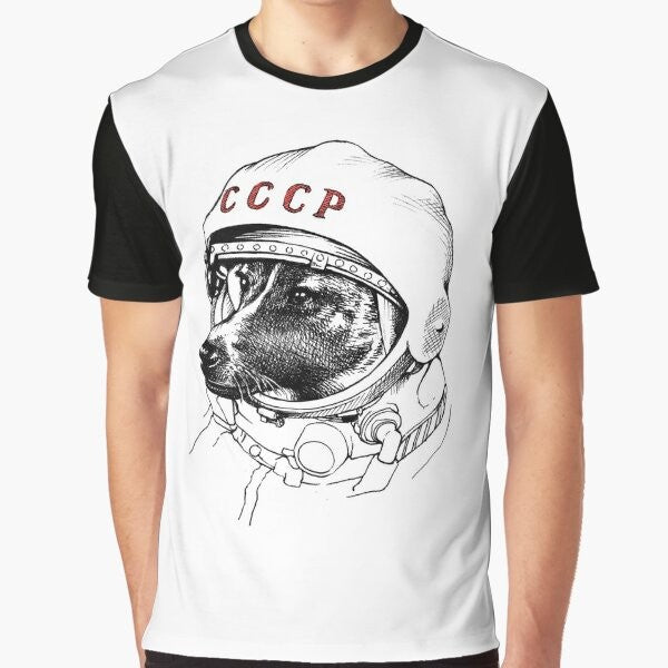 Graphic t-shirt featuring Laika, the famous Soviet space dog, in a space suit and stars