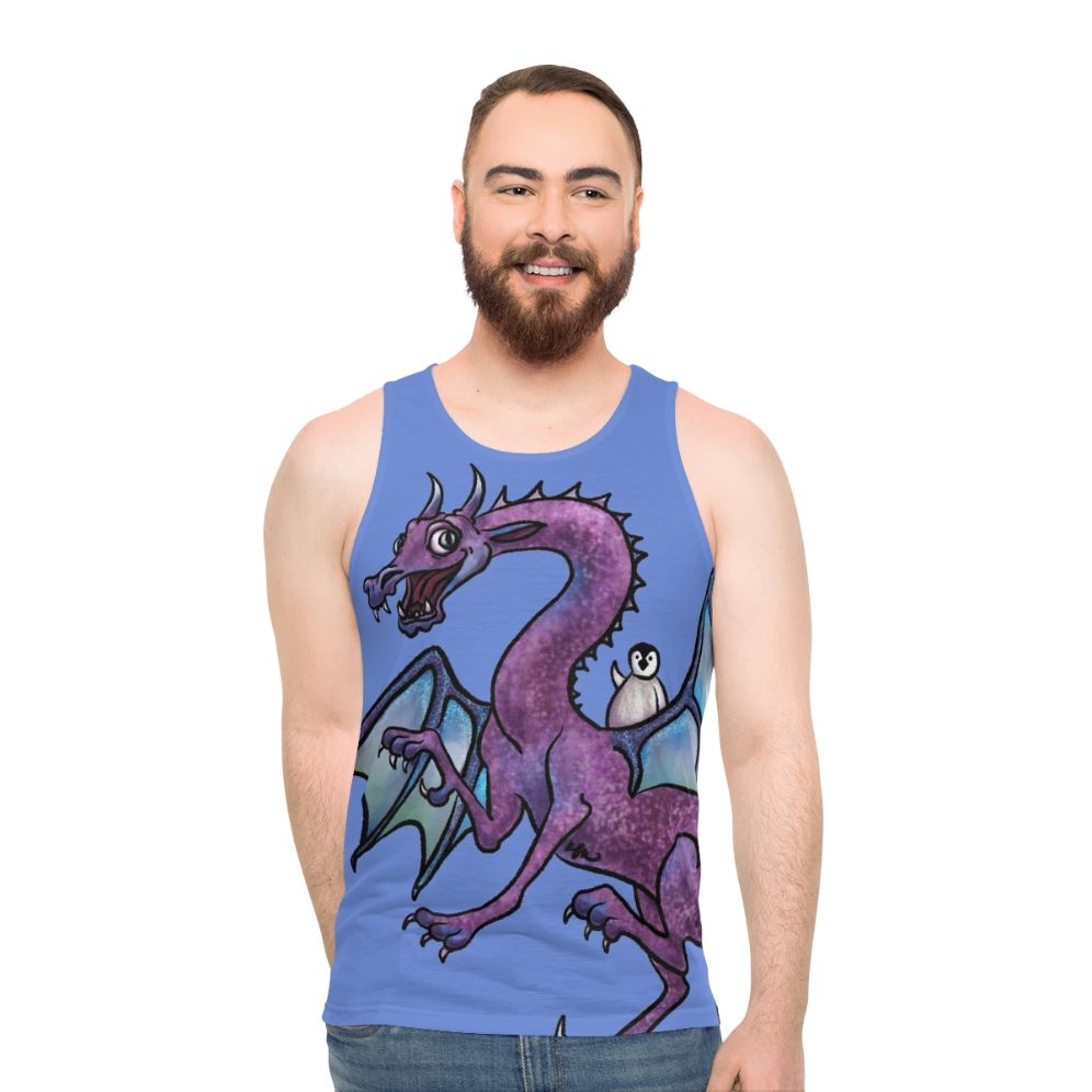 Unisex tank top with fantasy art design of a penguin and dragon in an adventurous scene - men