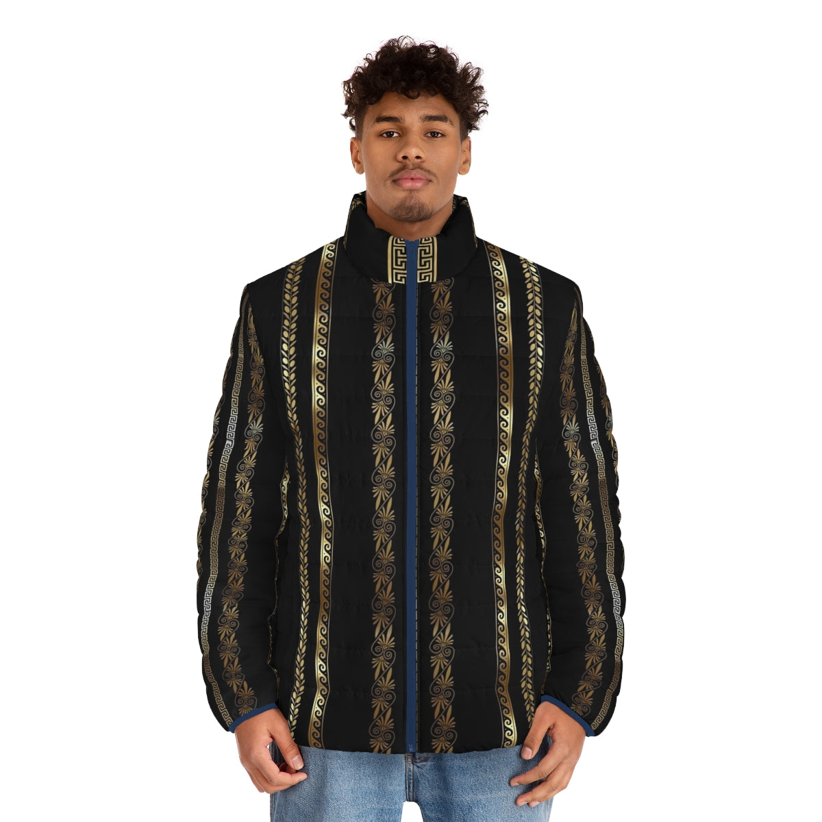 Gold puffer jacket with Greek key pattern - men front