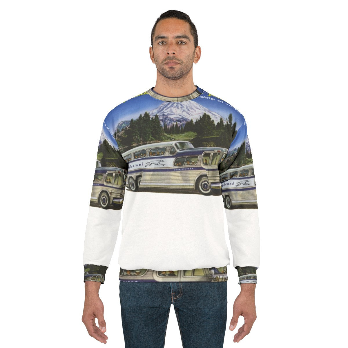 Retro Greyhound bus sweatshirt with 1950s travel theme - men