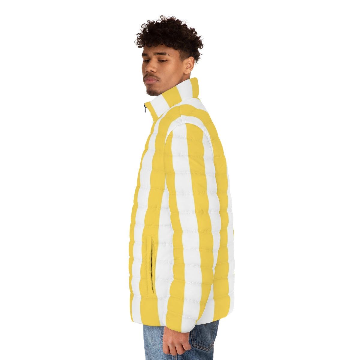 Mustard yellow and white vertical striped puffer jacket with a vintage geometric pattern - men side left