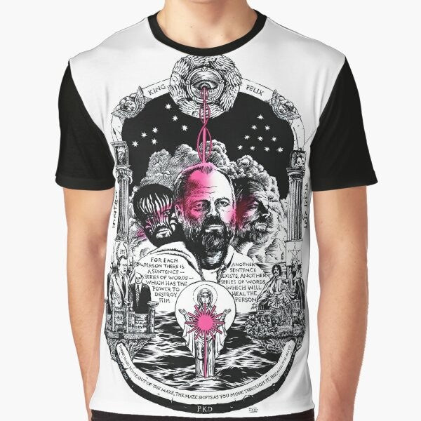 Monochrome graphic t-shirt featuring the VALIS system from the works of Philip K. Dick