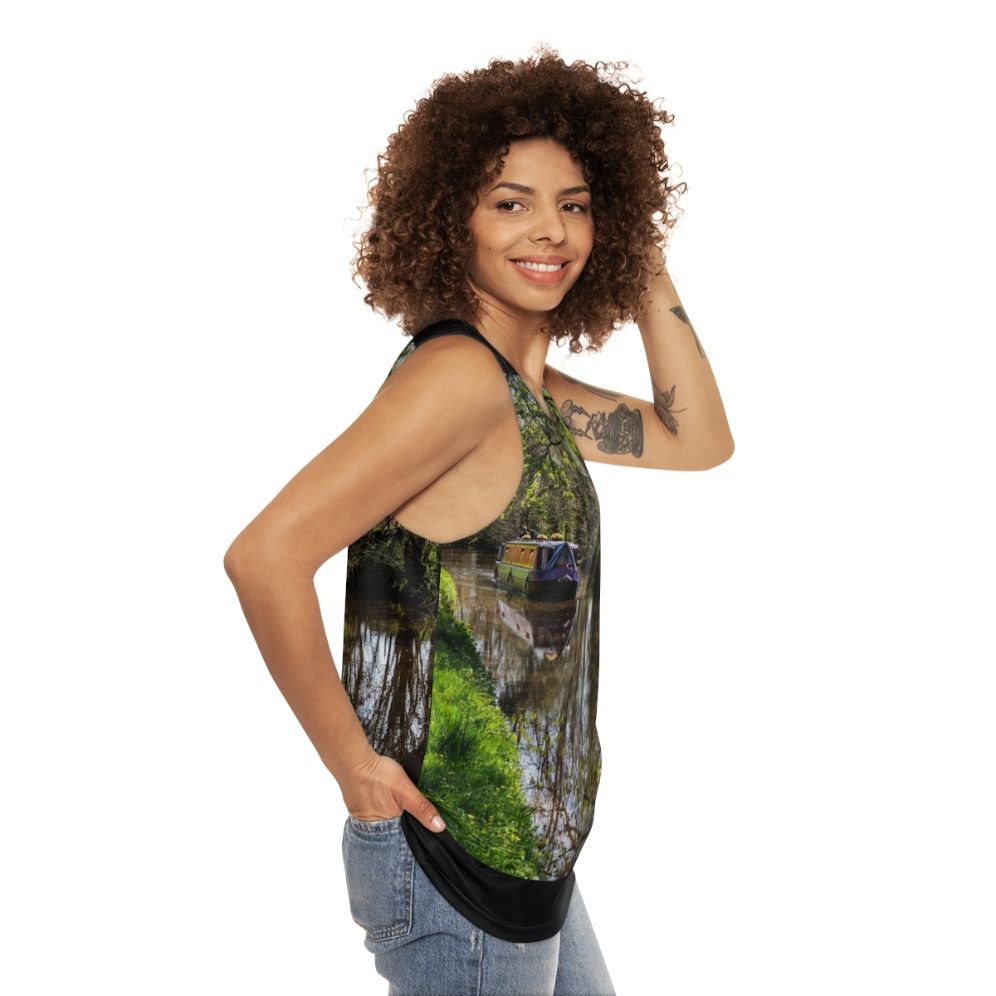 Unisex tank top with a peaceful canal barge scene - women side