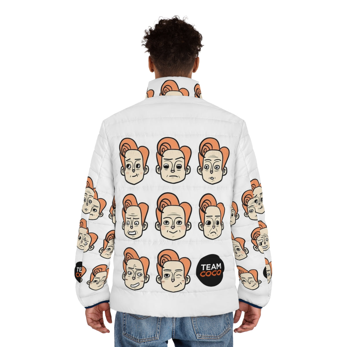 Conan Obrien Puffer Jacket featuring various expressions and designs - men back