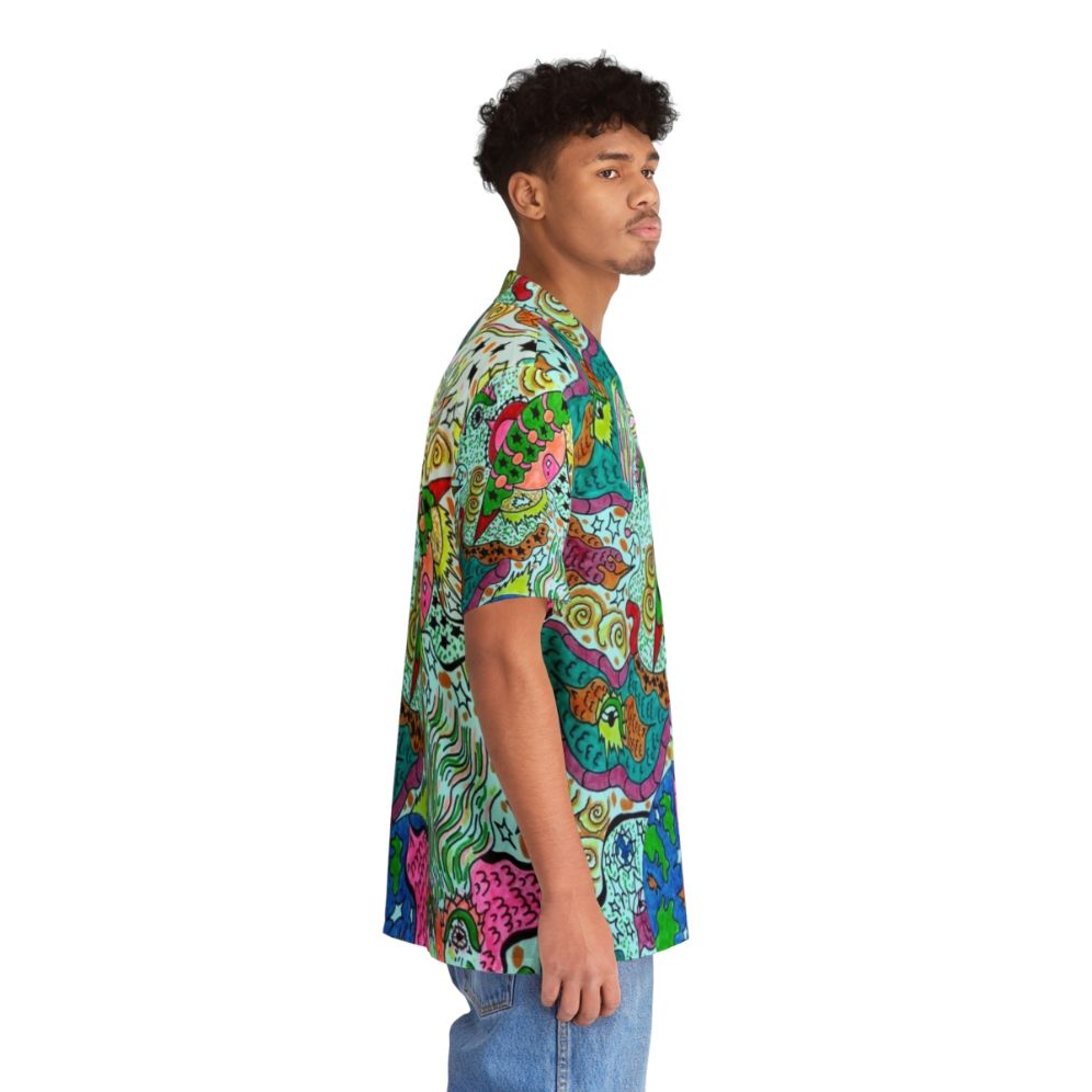 Vibrant cosmic Hawaiian shirt with angelic visionary design - People Pight