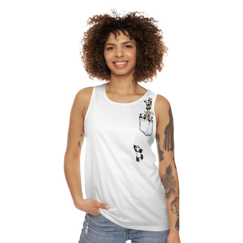 Pocket panda graphic printed on a unisex tank top - women