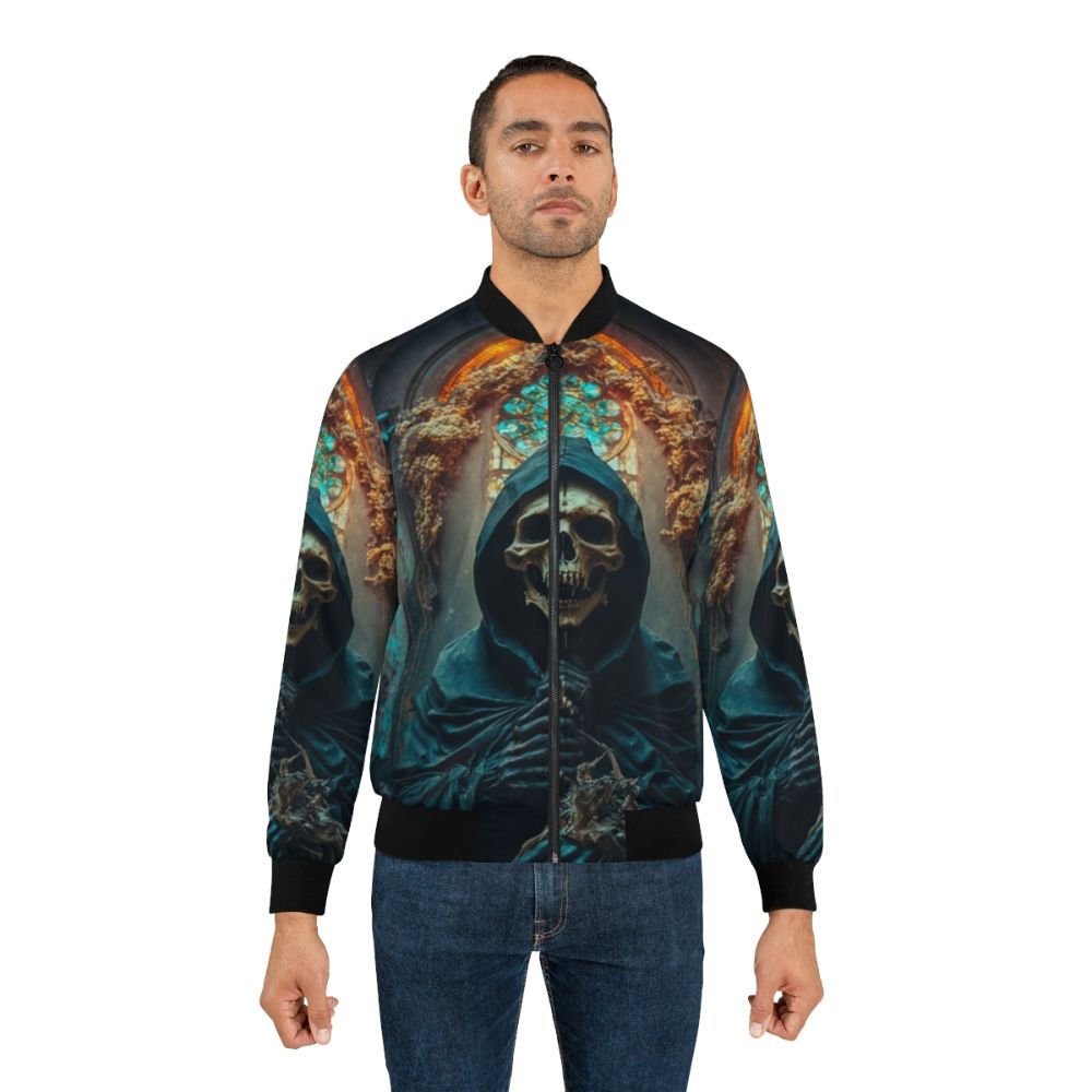 Gothic Skeleton Priest in Dark Church Bomber Jacket with Focus Keyword - Lifestyle