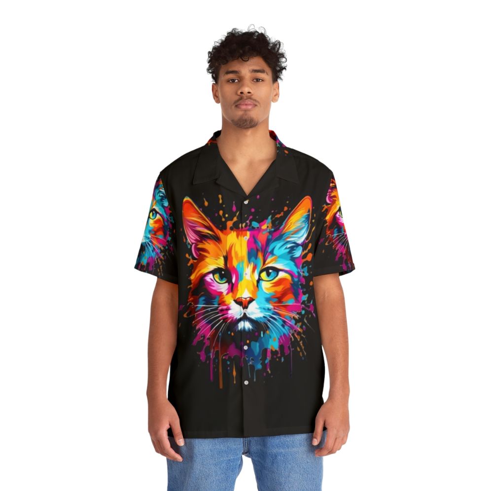 Colorful cat splash Hawaiian shirt with vibrant animal print design - People Front