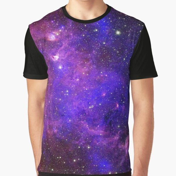 A colorful galaxy-inspired graphic t-shirt with stars, planets, and cosmic elements.