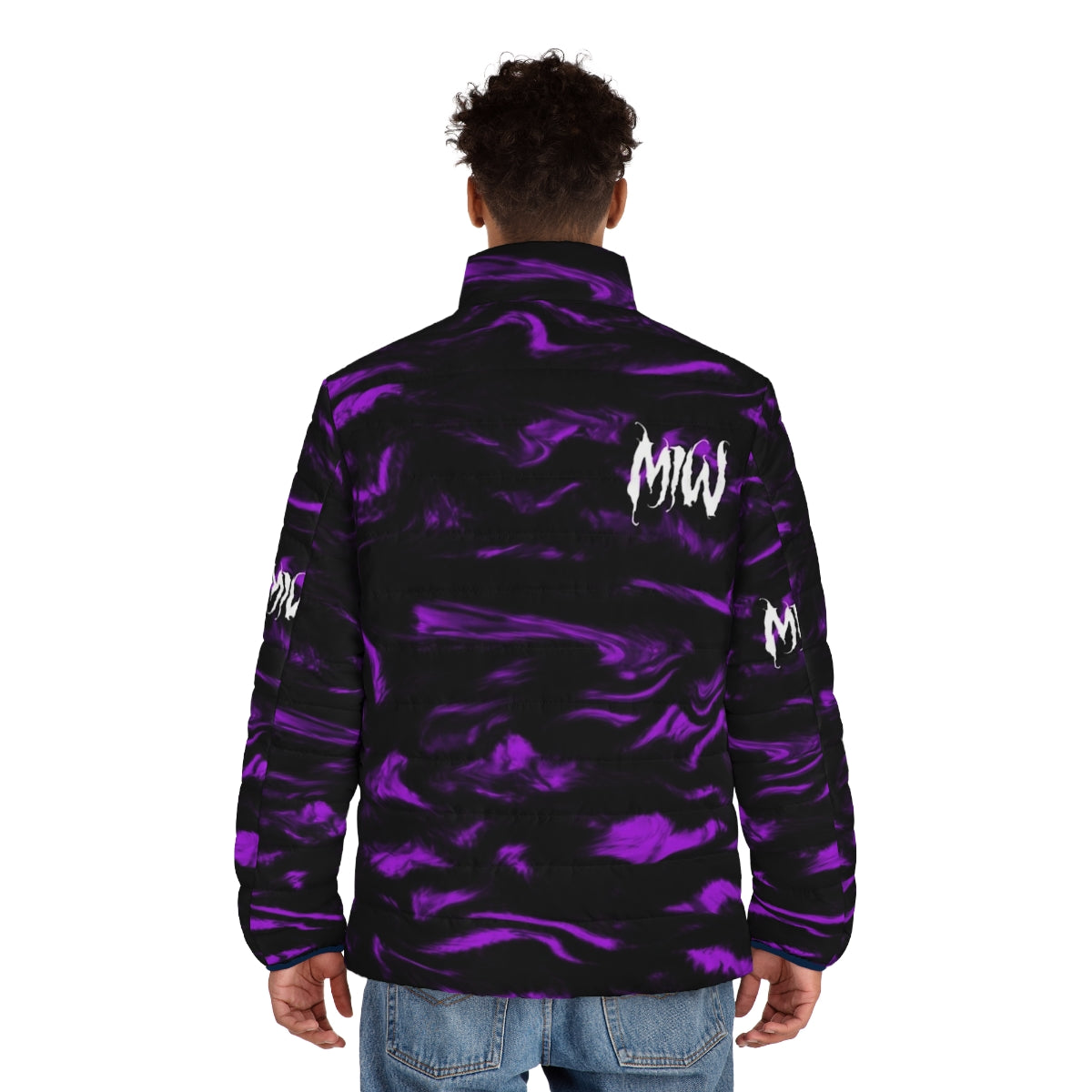 Motionless In White Puffer Jacket featuring the band's logo and purple/black color scheme - men back