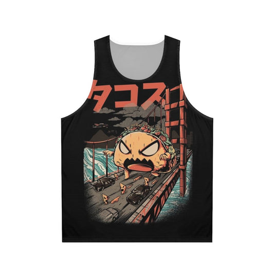 Unisex black tank top with a kaiju monster graphic