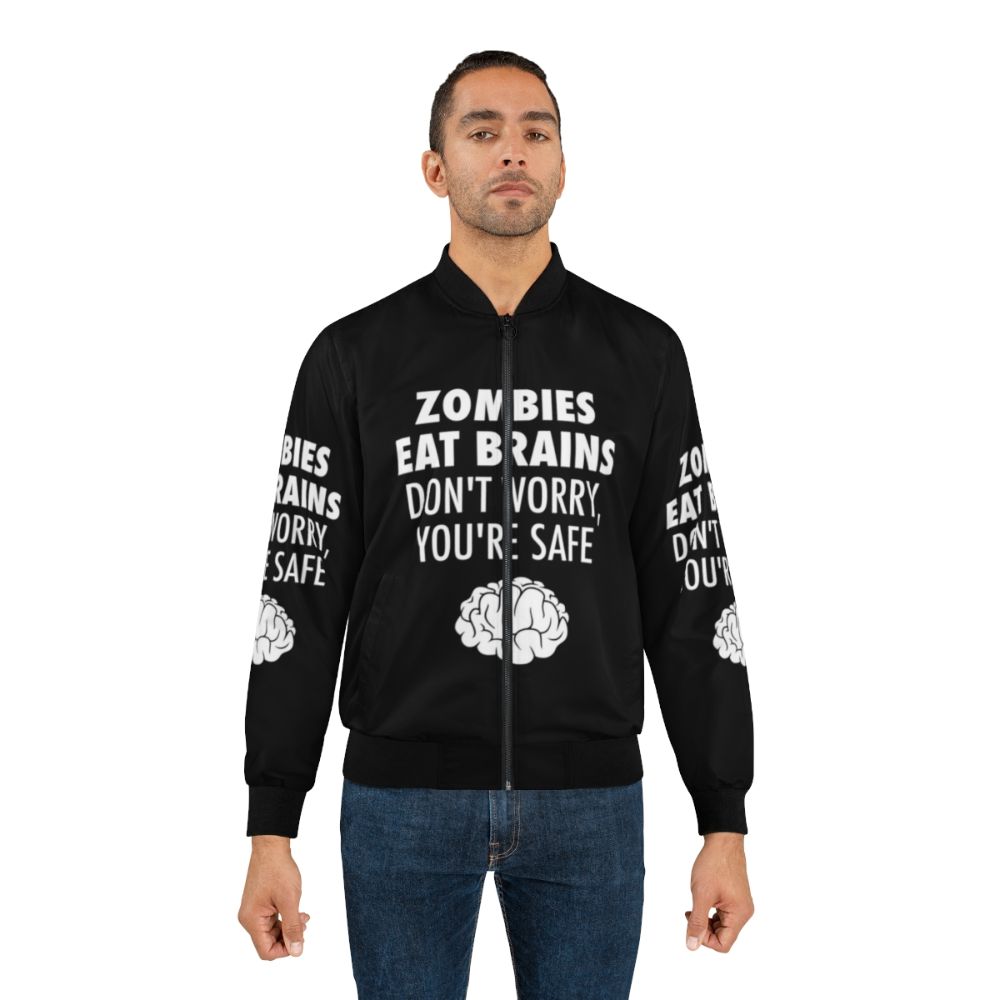 Zombie-themed bomber jacket with the text "Zombies Eat Brains, You're Safe" - Lifestyle