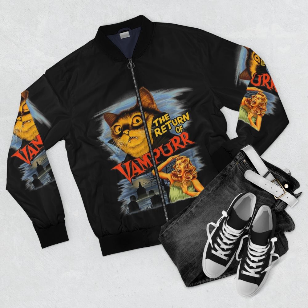 Vampurr Classic Cat Bomber Jacket with a black and retro design - Flat lay