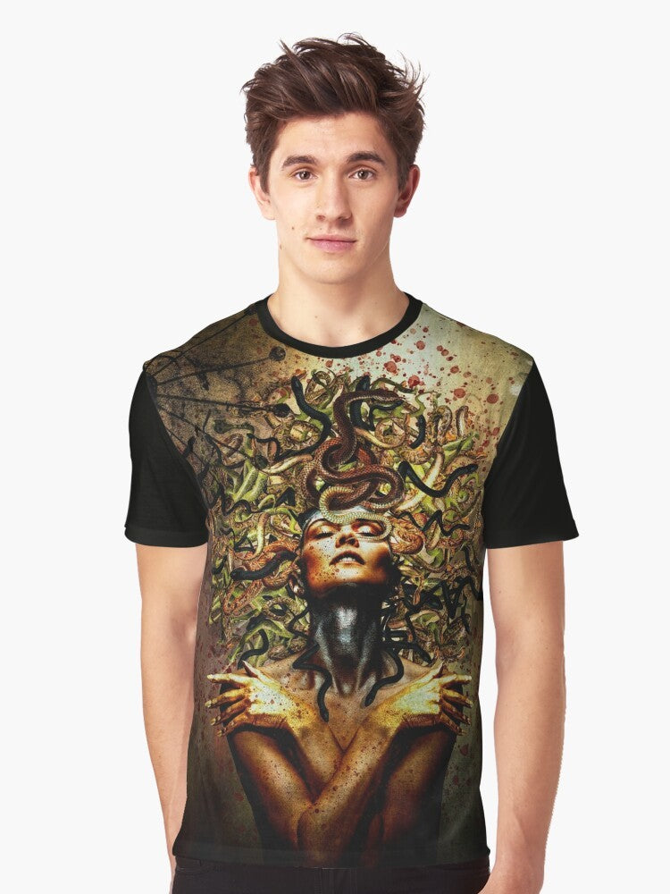 A surrealist graphic tee featuring the mythical Medusa with snakes as hair. - Men