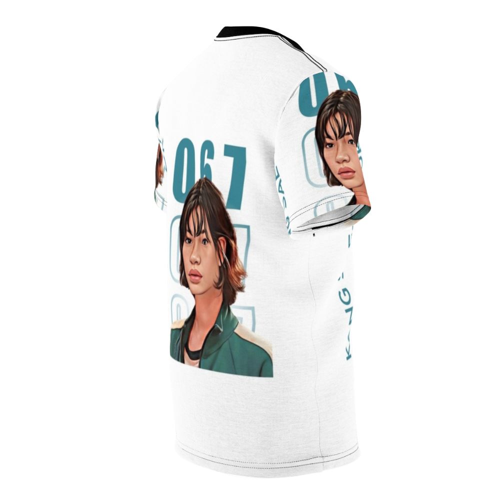 A high-quality, print-on-demand t-shirt featuring fan art inspired by the character Sae Byeok from the popular Netflix series Squid Game. - men right