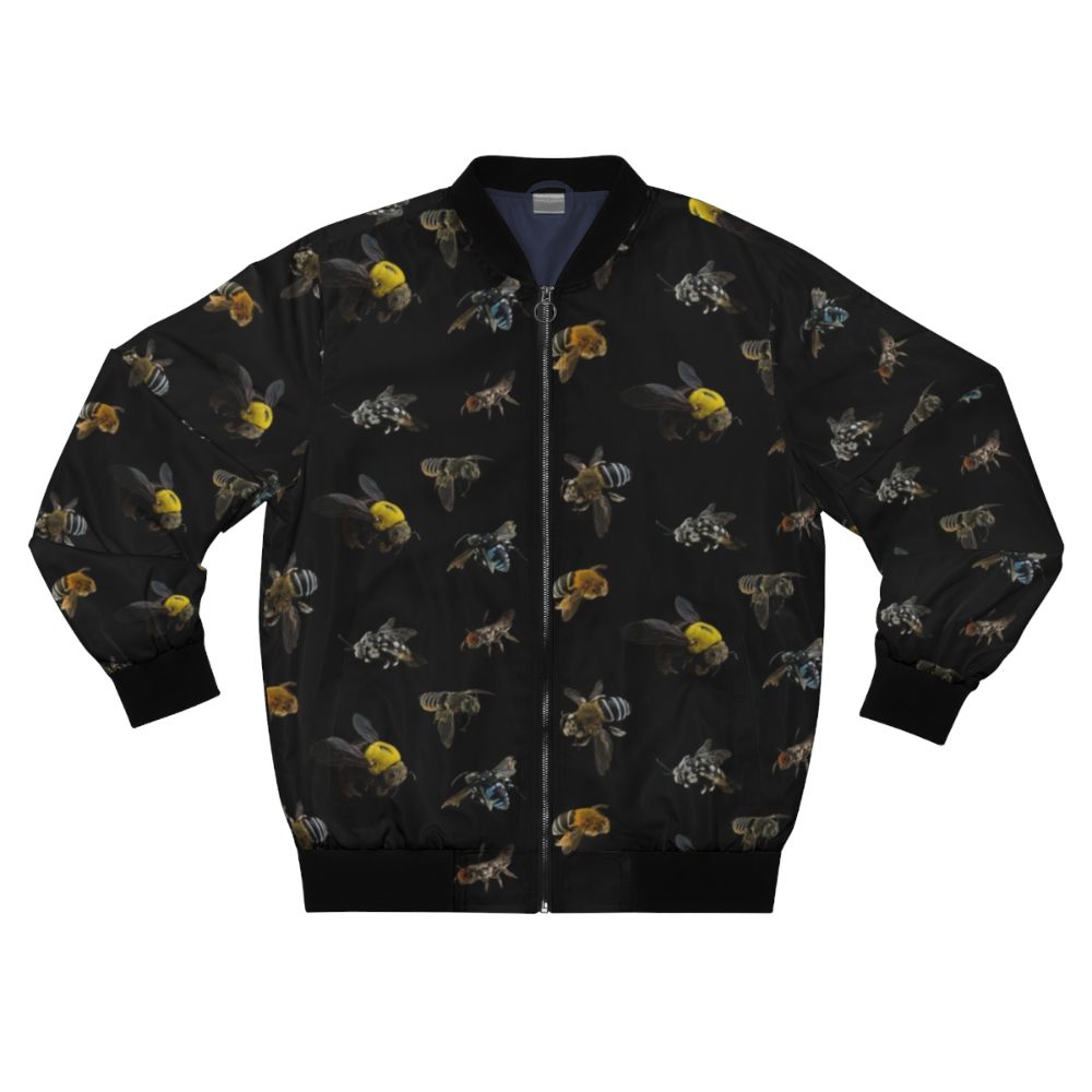 Native Australian bees bomber jacket featuring a detailed insect pattern design