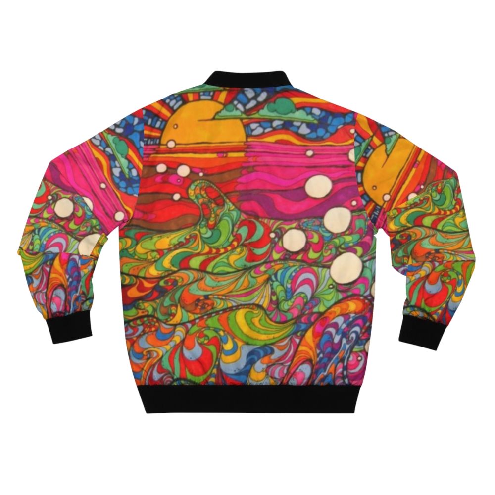 Psychedelic trippy colorful vintage bomber jacket with abstract geometric and native American inspired patterns - Back