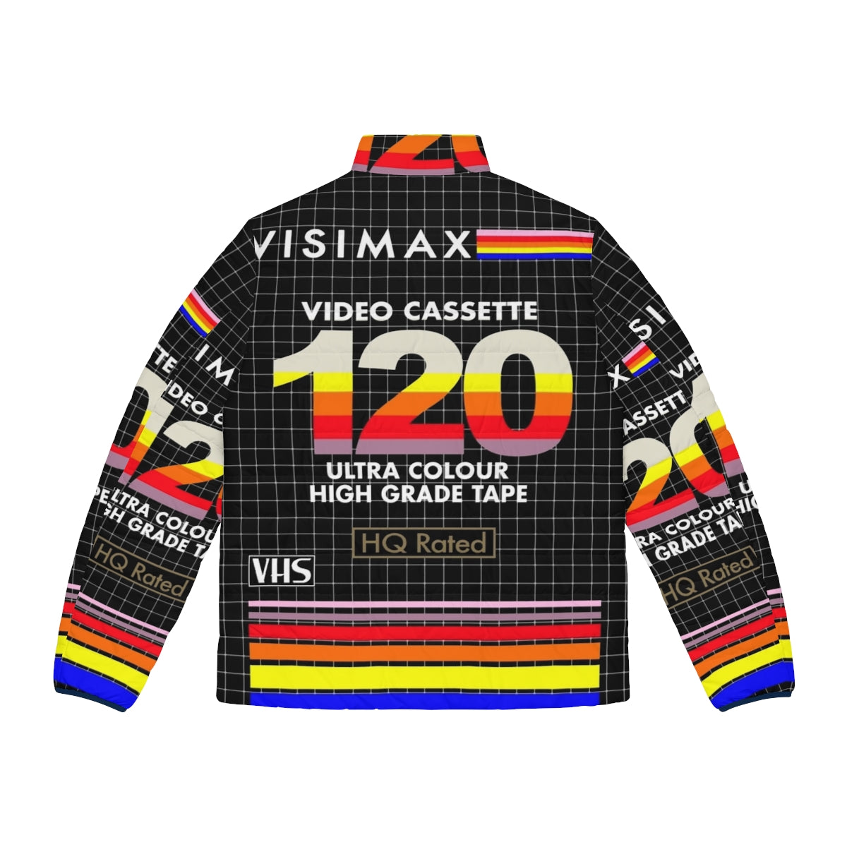 Retro VHS puffer jacket with vintage video cassette design - Back