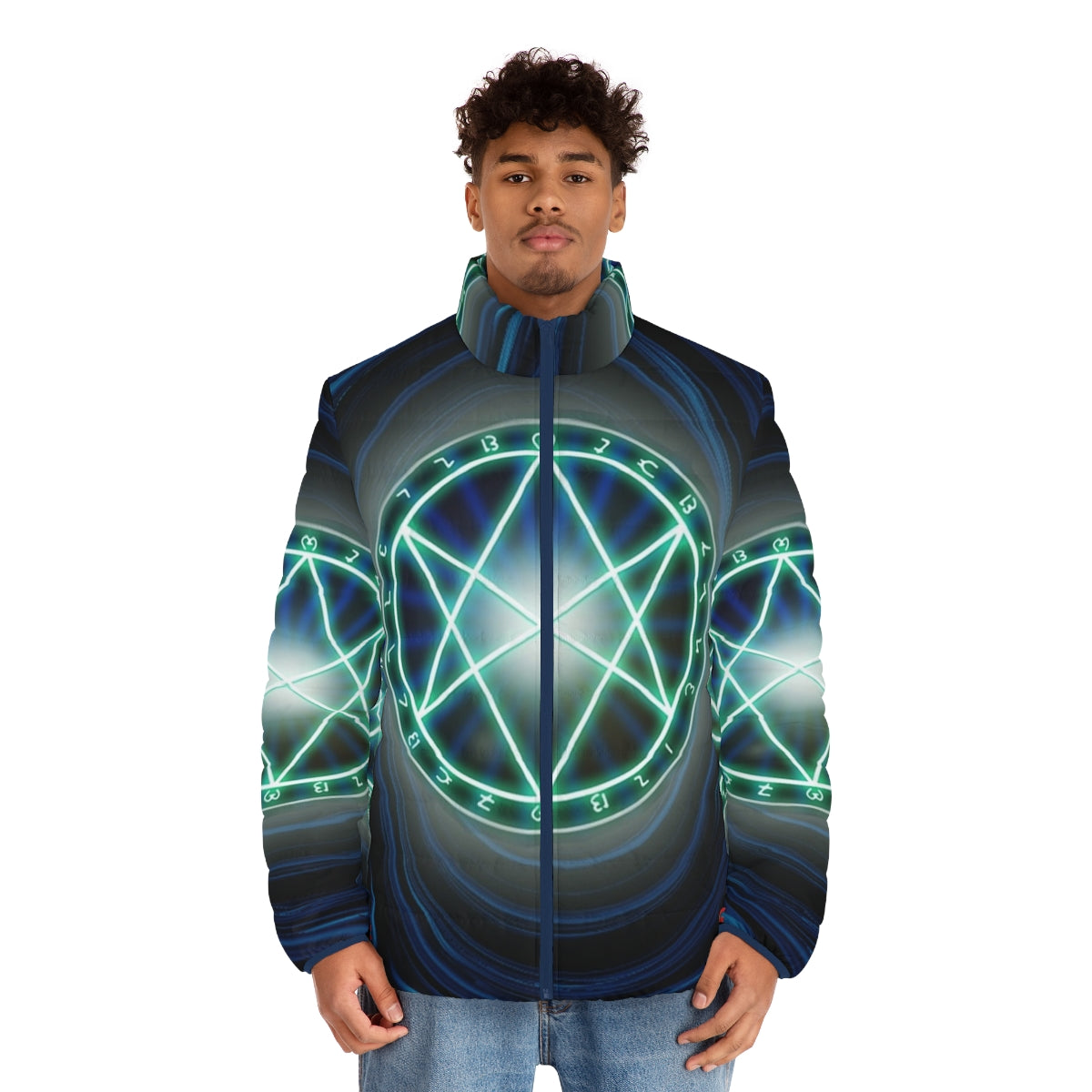 The Seal of Orichalcos puffer jacket, featuring iconic Yu-Gi-Oh! imagery - men front