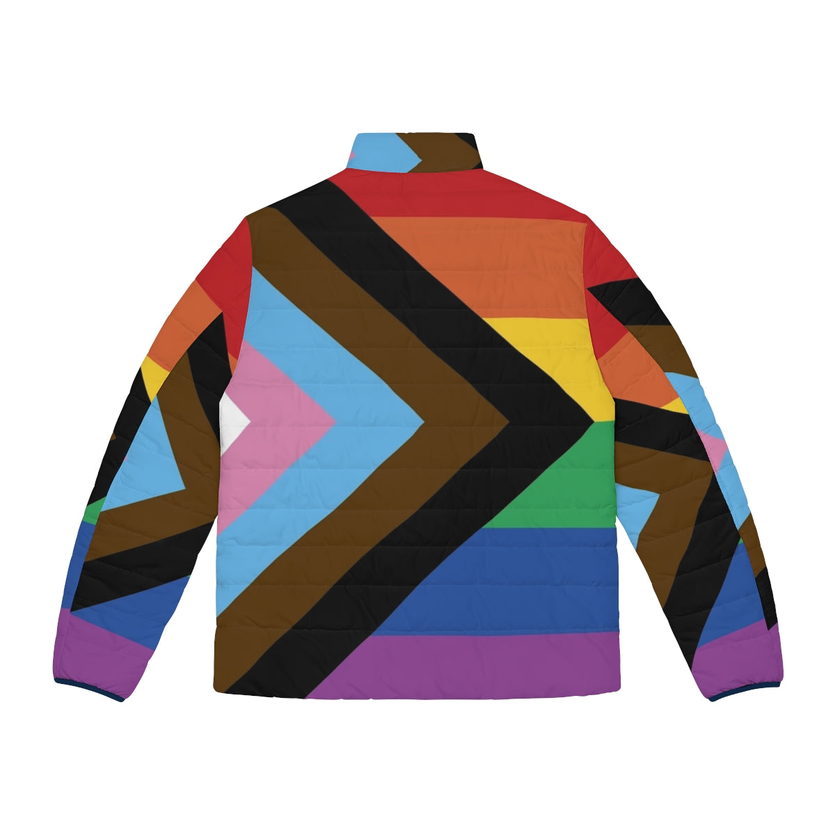 A vibrant puffer jacket featuring the Progress Pride Flag design, celebrating LGBTQ+ identity and inclusivity. - Back