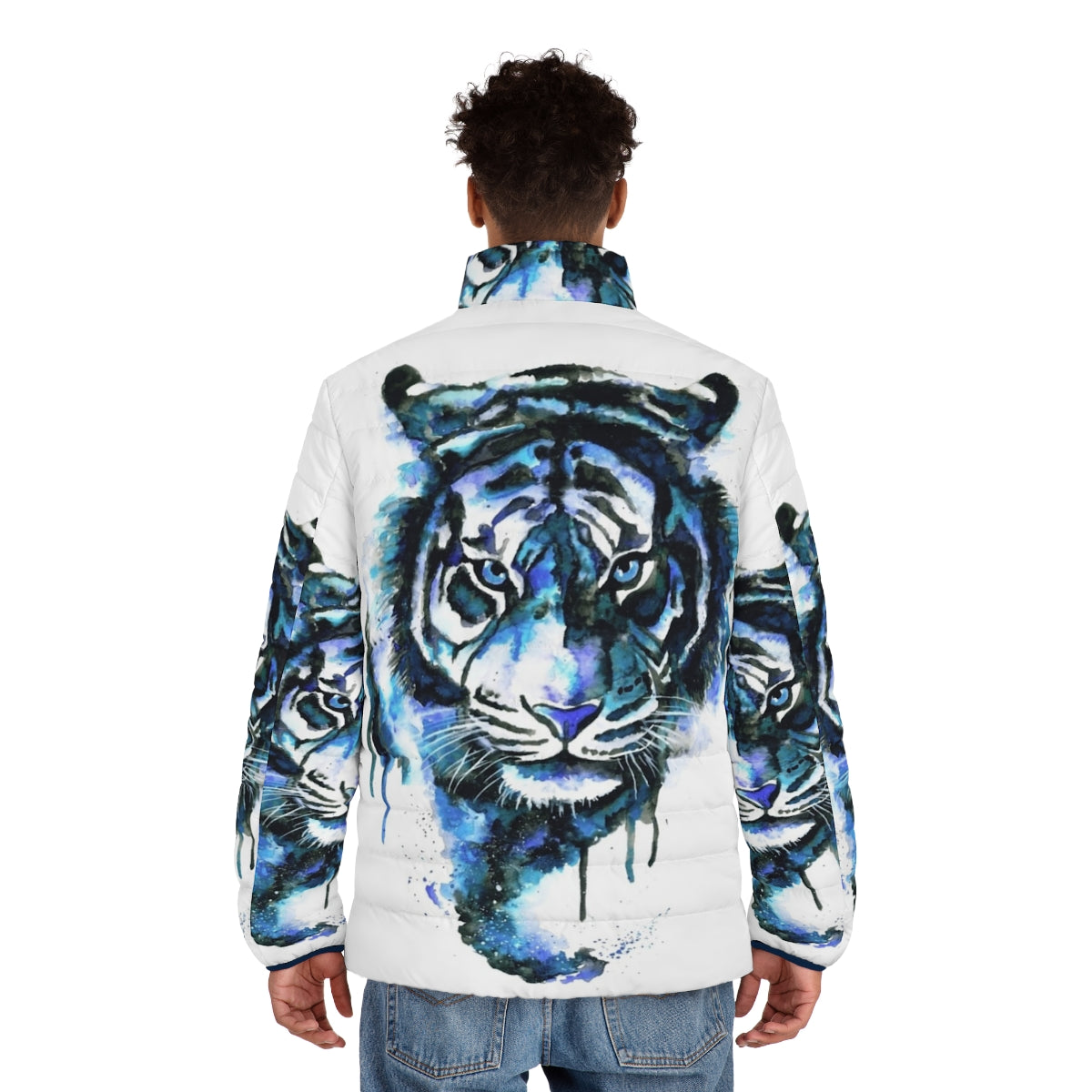 Blue tiger print puffer jacket - men back