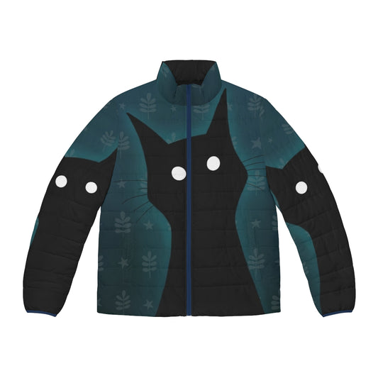 Black cat puffer jacket with creepy cute illustration