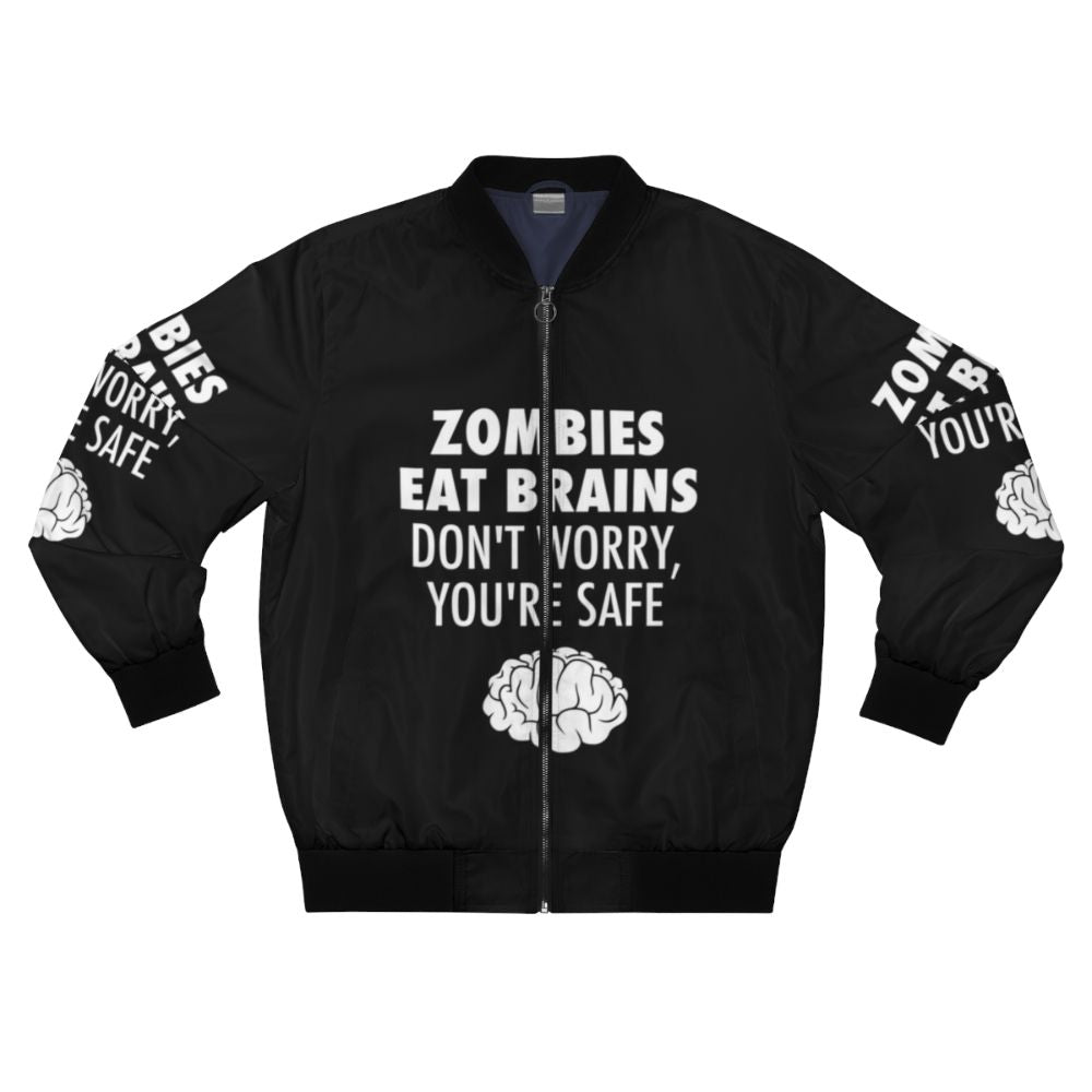 Zombie-themed bomber jacket with the text "Zombies Eat Brains, You're Safe"