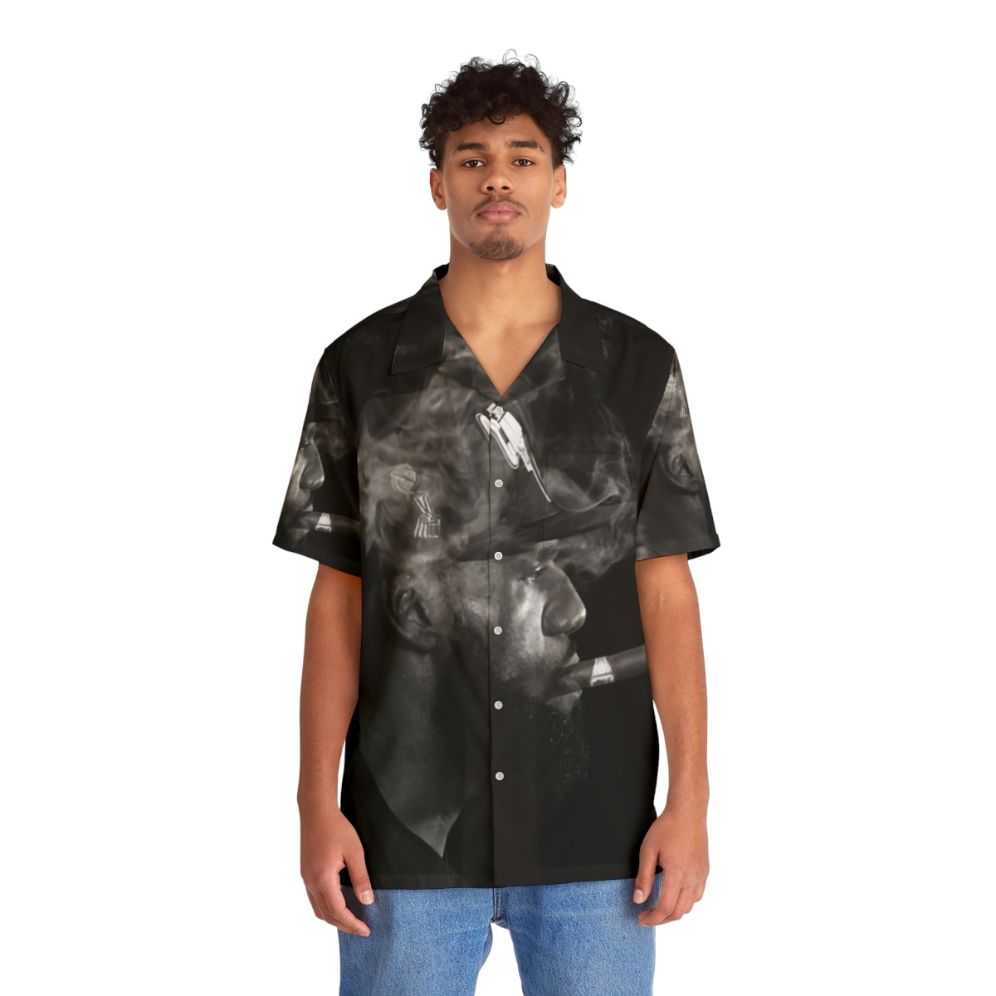 Black and White Hawaiian Shirt with Celebrity Smoking Cigar - People Front