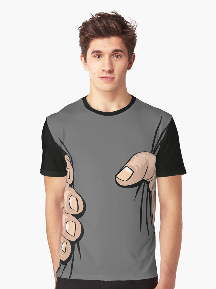 Graphic T-shirt design with a giant hand squeezing a human figure, comical and humorous. - Men