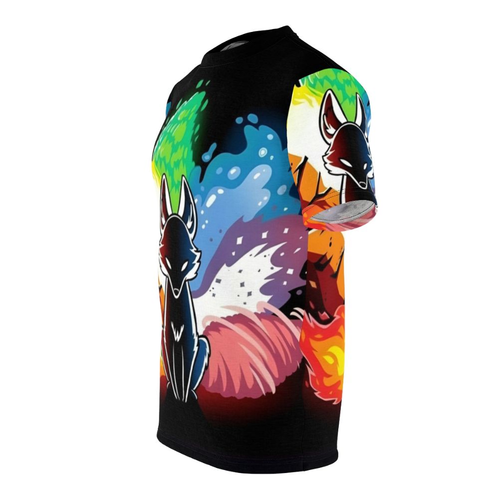 Colorful t-shirt design featuring a rainbow kitsune, a mythical fox spirit from Japanese folklore - men left