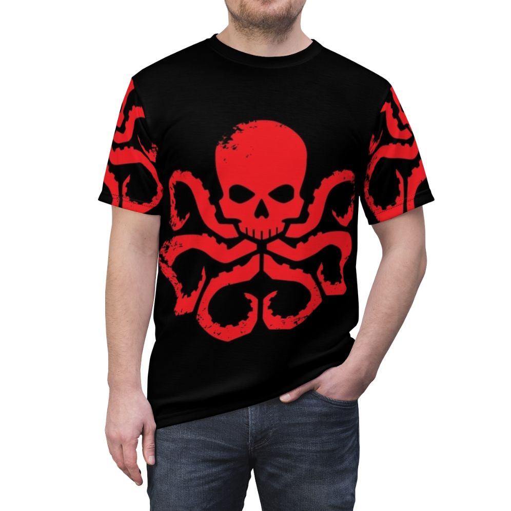 Hydra-inspired all-over-print t-shirt featuring a stylized superhero comic art design - men front