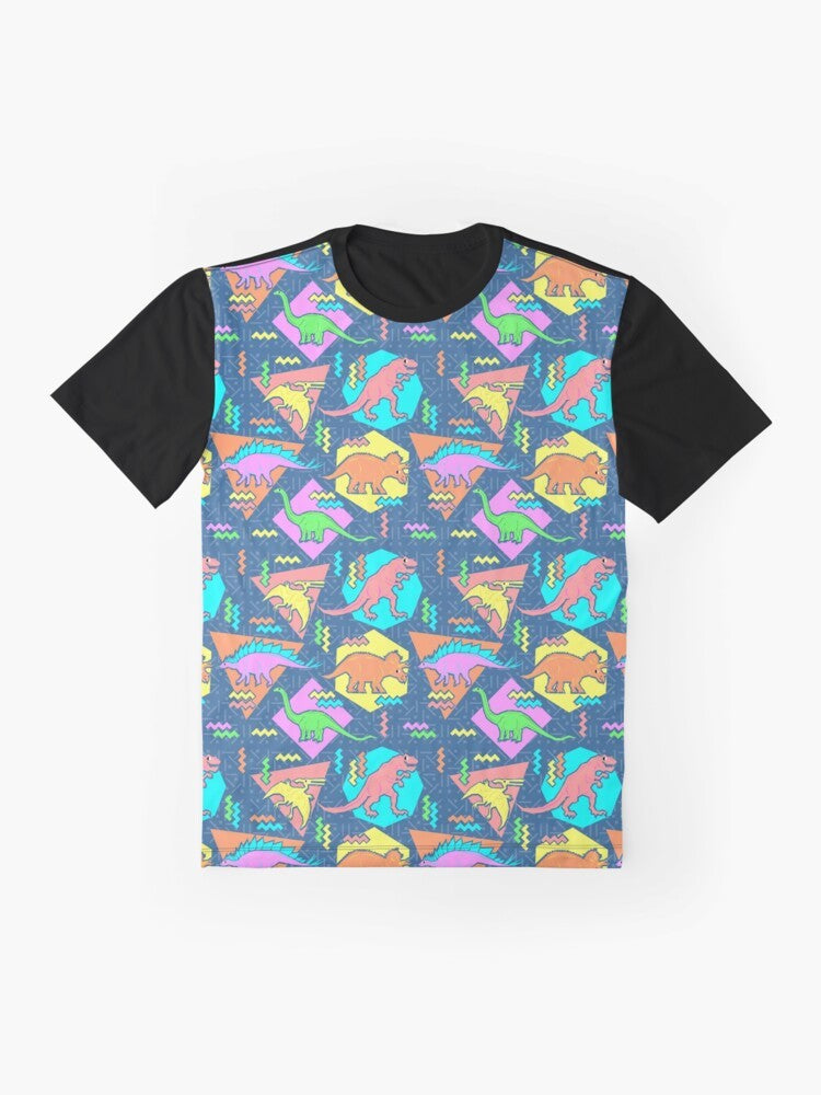 Retro-style graphic t-shirt with a pattern of nineties-inspired dinosaur designs, including Tyrannosaurus Rex, Pterodactyl, and more. - Flat lay