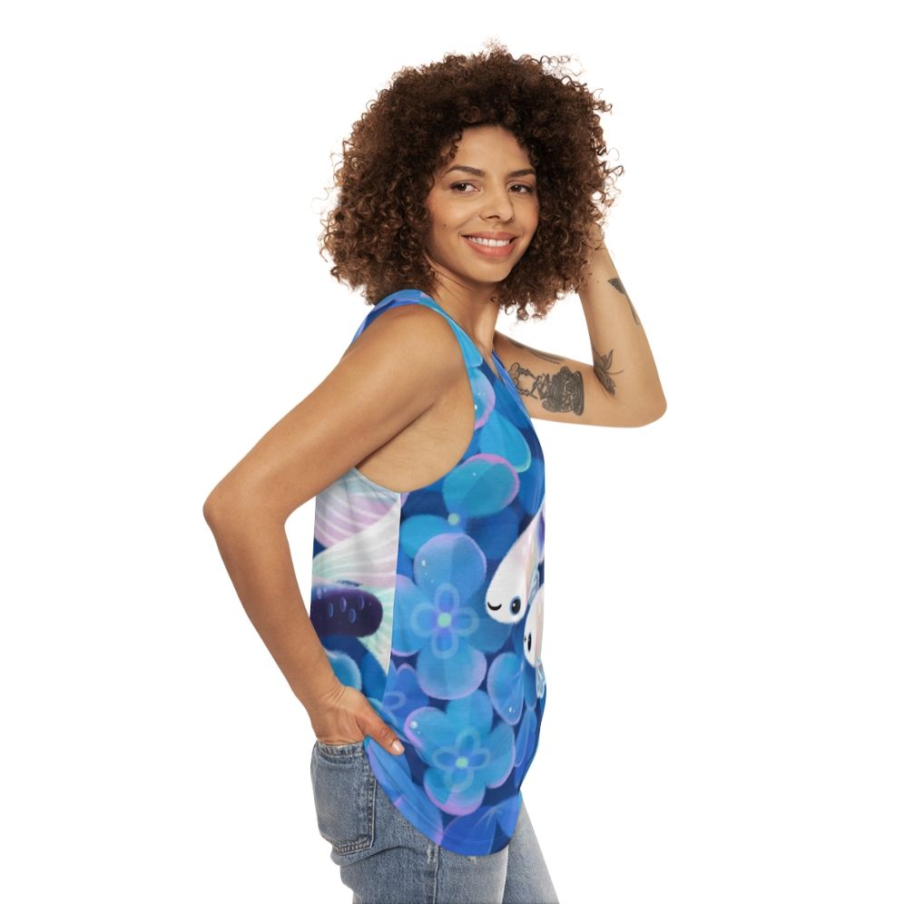 Unisex tuxedo guppy tank top with blue hydrangea floral design - women side