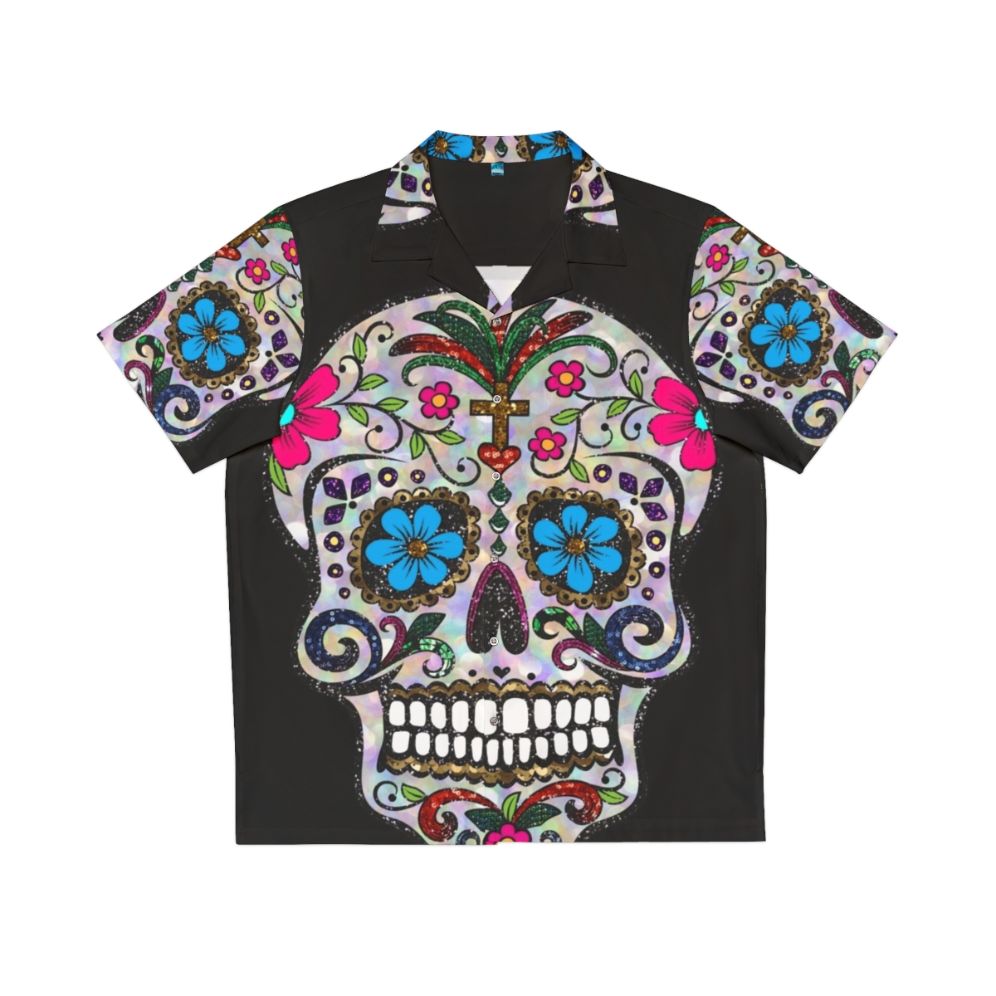 Floral sugar skull sequin Hawaiian shirt for Dia de los Muertos