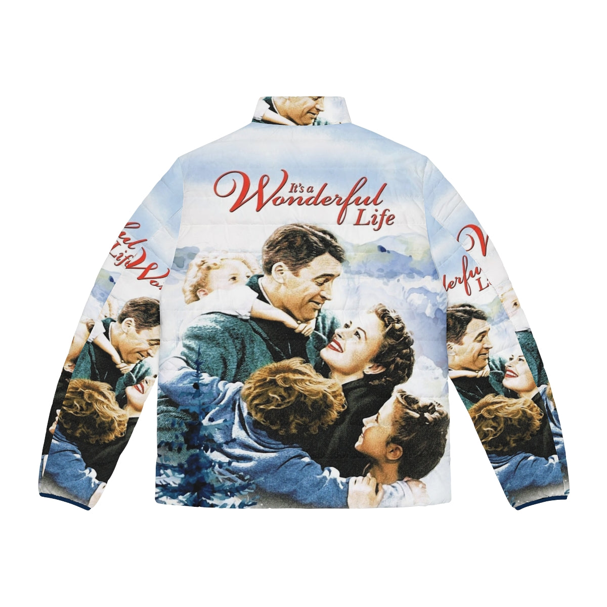 Cozy puffer jacket featuring a scenic winter landscape from the classic Christmas movie 'It's a Wonderful Life' - Back