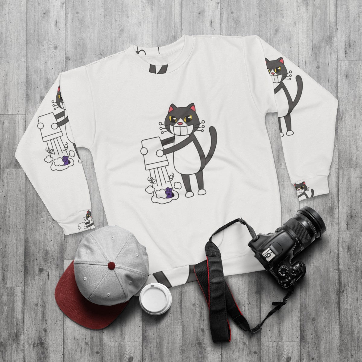 Cats Hobbies Sweatshirt featuring an adorable design of cats engaged in various hobbies - flat lay