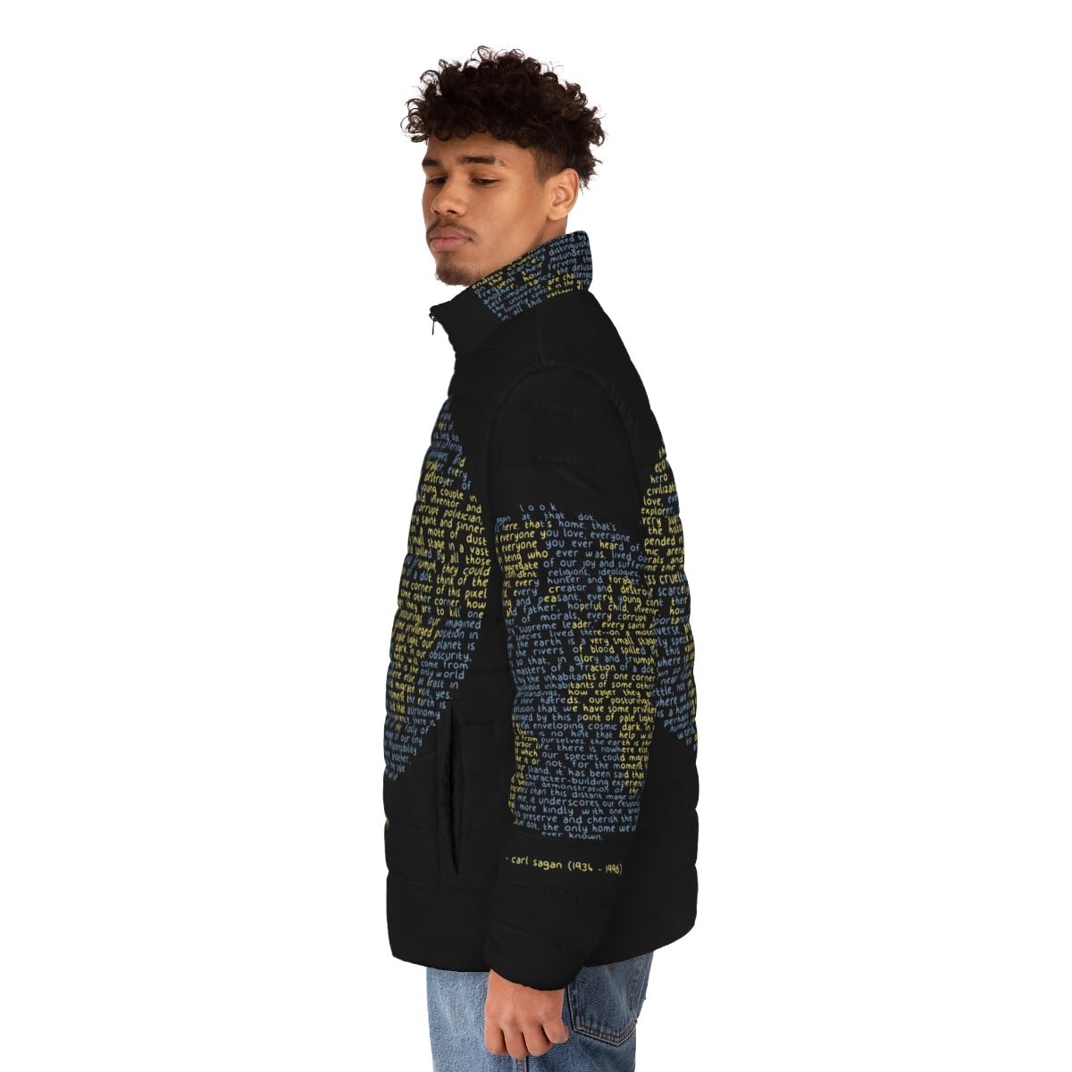 Pale Blue Dot Puffer Jacket featuring cosmic design and eco-friendly materials - men side left