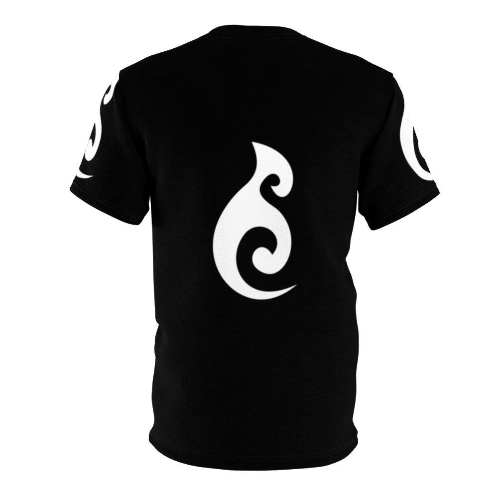 White t-shirt with ocean and Maori symbol pattern, perfect for travelers and surfers. - Back