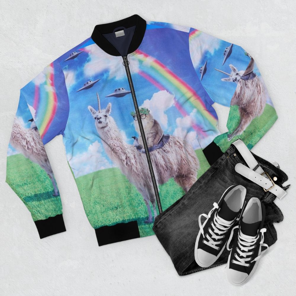 A vibrant bomber jacket featuring a playful design of a cat riding a llama unicorn through a cosmic space scene with rainbows and UFOs. - Flat lay