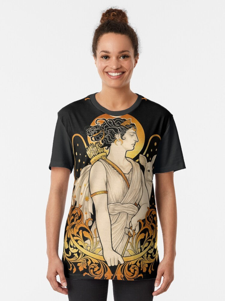 Artemis, the Greek goddess of the hunt, depicted in a stylized, artistic graphic t-shirt design featuring filigree, stars, and empowering feminine imagery. - Women