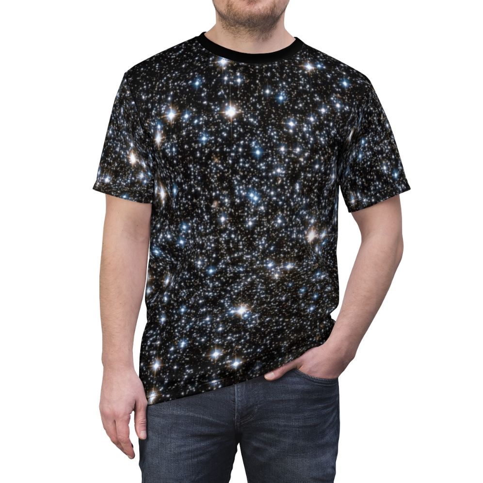 Glitter galaxy space and astronomy themed t-shirt design featuring stars, nebulae, and constellations. - men front