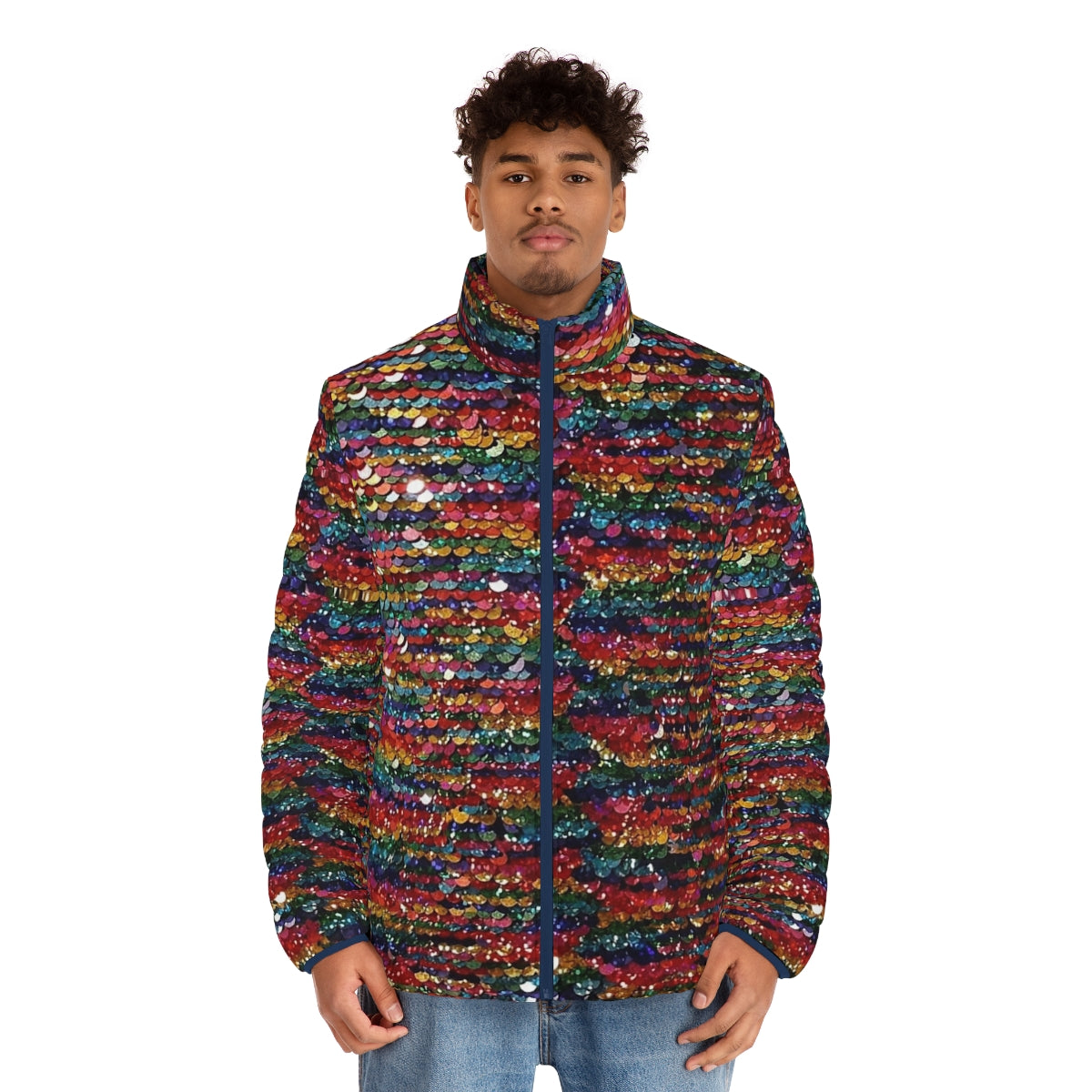 Vibrant rainbow sequin puffer jacket with a sparkling, iridescent finish - men front