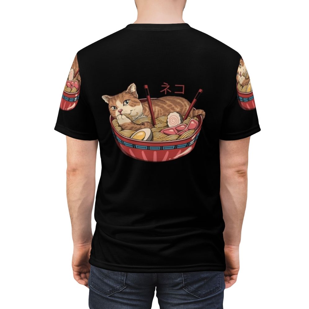 Vibrant t-shirt design featuring a cat-inspired ramen bowl illustration - men back