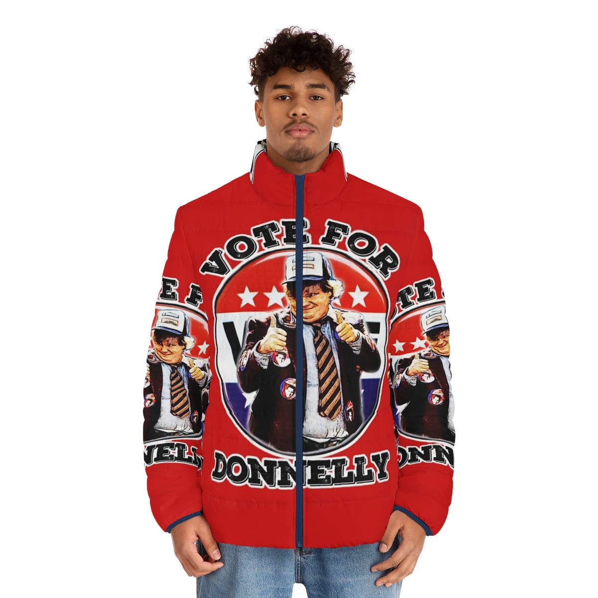 "Vote for Donnelly" puffer jacket, inspired by the classic comedy film Black Sheep - men front