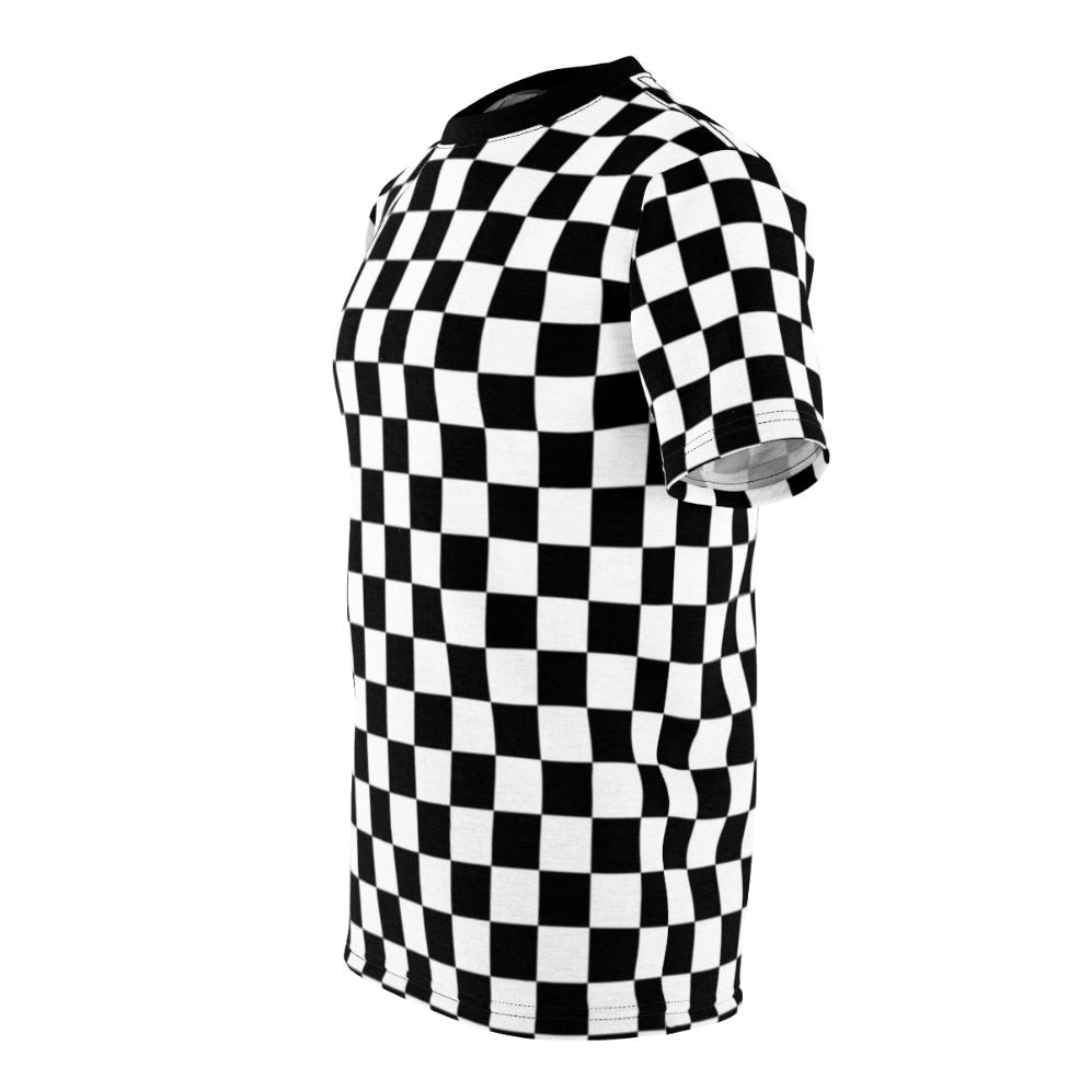 Black and white checkerboard pattern on a modern, minimalist t-shirt - men left