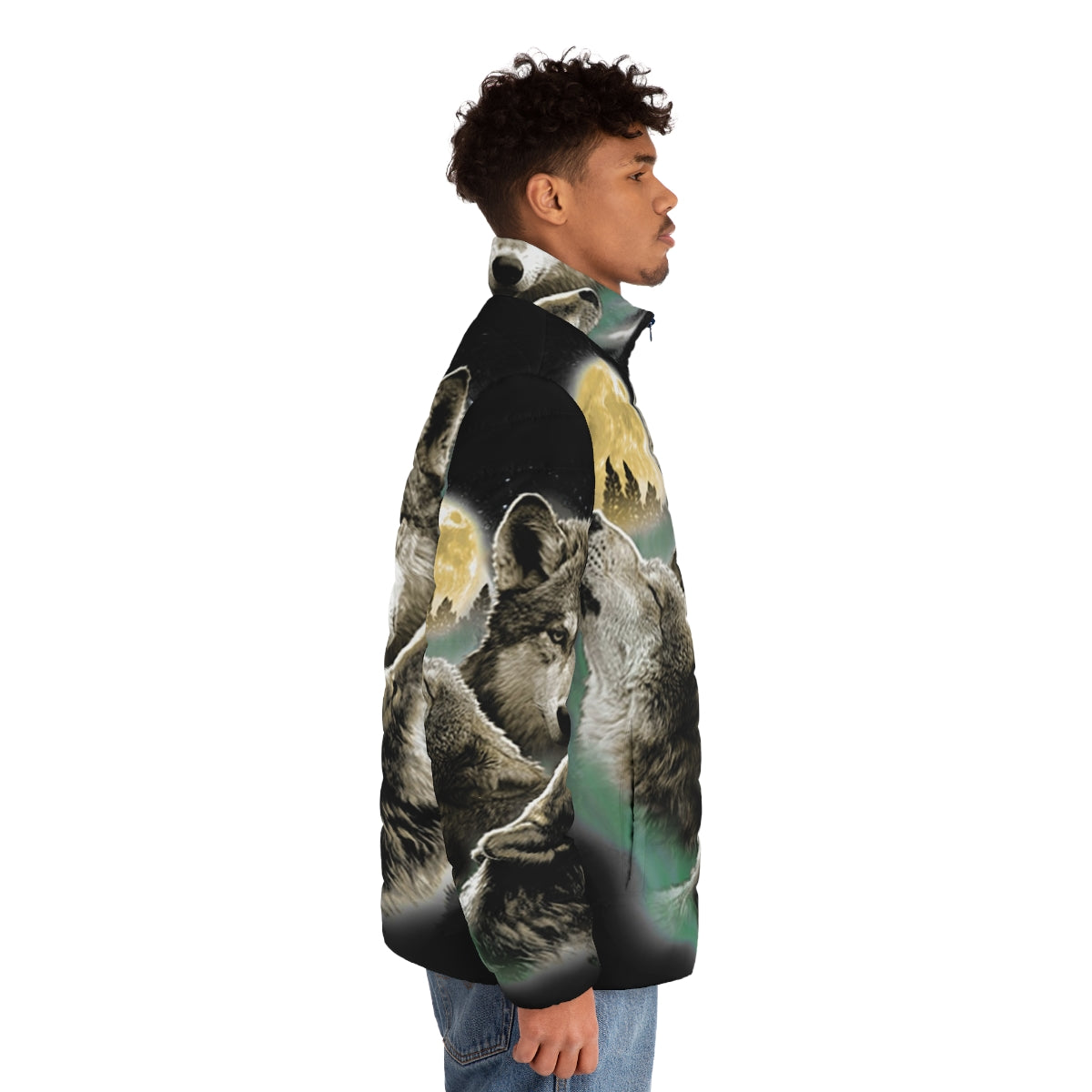 Puffer jacket featuring a night sky scene with three howling wolves against a full moon - men side right