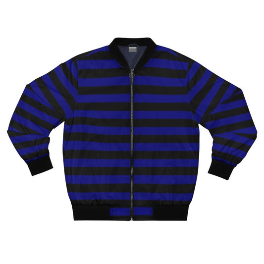 Striped bomber jacket in a royal blue and black color combination with horizontal medium-width stripes.