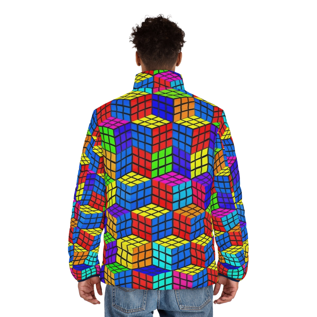 Rubik's Illusion 3D Puffer Jacket - Bright, Geometric and Abstract Design - men back